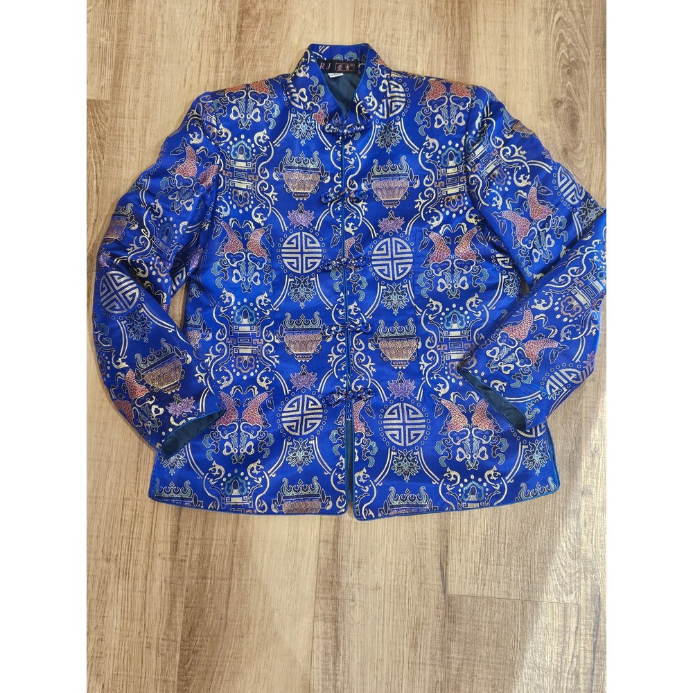 RJ 100% Silk Chinese Brocade Jacket Blue Frog Closure Mandarin Collar L